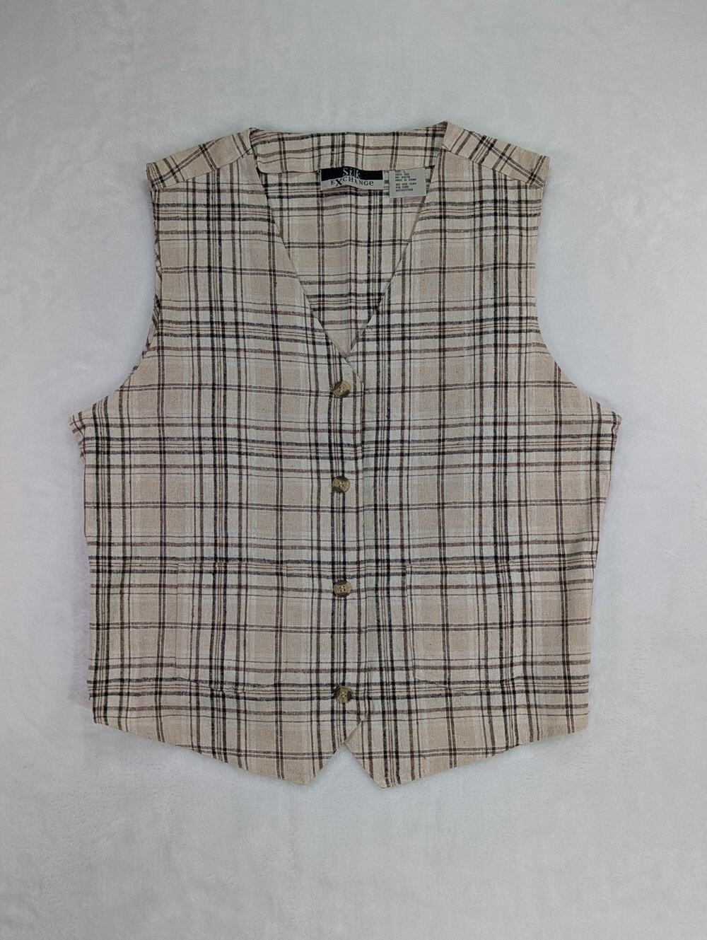 Silk Exchange Vintage 100% Silk Plaid Vest Womens Large Cream Brown Button Cinch